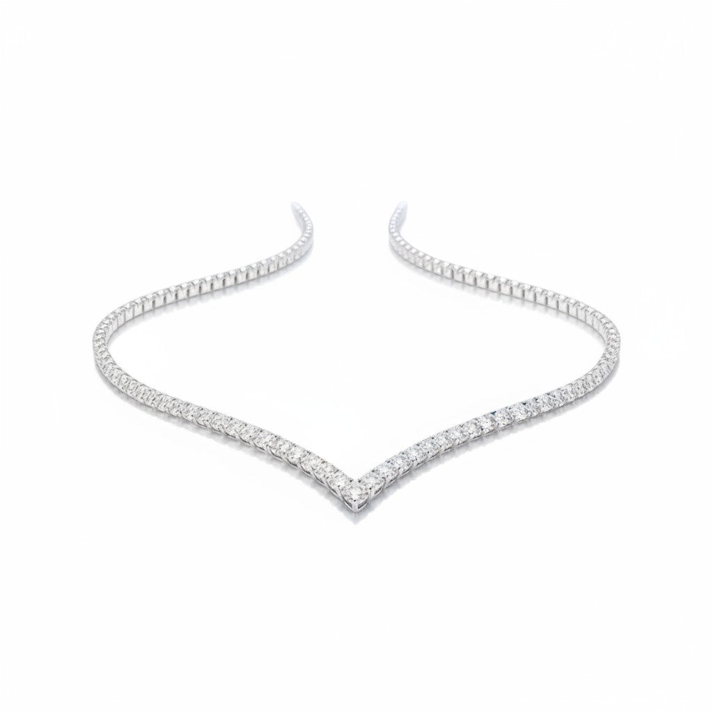 My Store 4 V-shaped diamond tennis necklace in white gold with a contoured chevron silhouette and brilliant-cut stones.