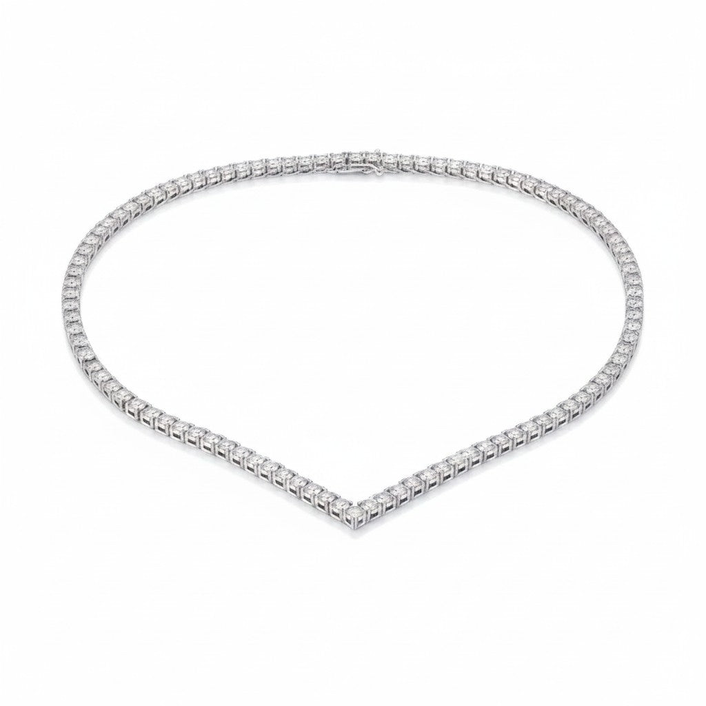 My Store 4 V-shaped diamond tennis necklace in white gold with a chevron silhouette and secure double-latch clasp.