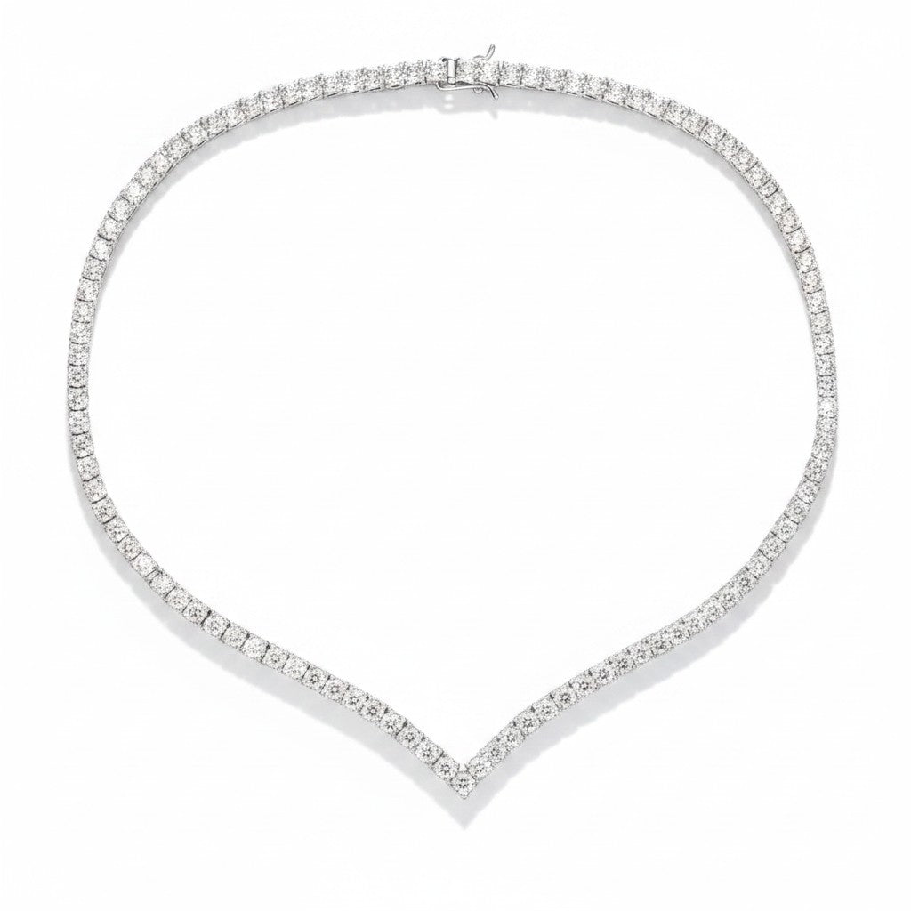 My Store 4 V-shaped diamond tennis necklace in white gold with a chevron silhouette and secure double-latch clasp.