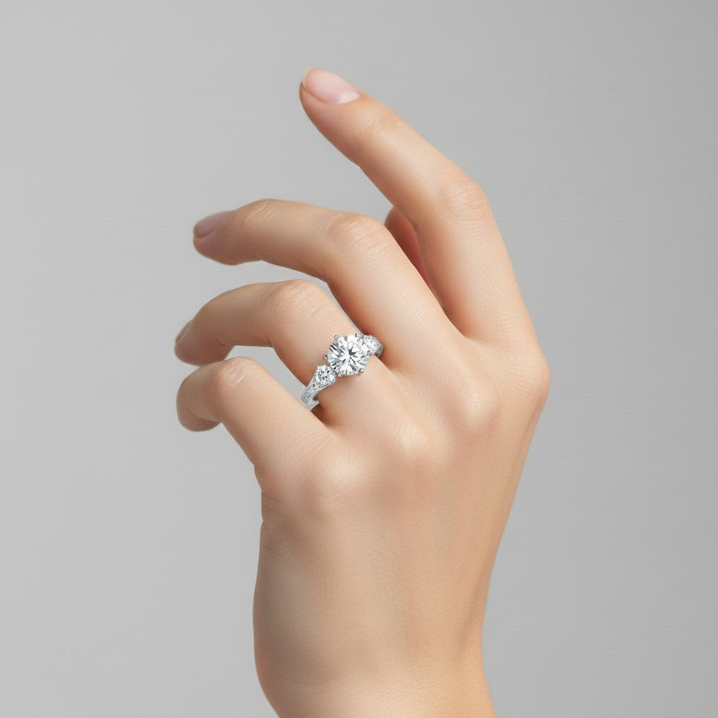 My Store 4 vintage three-stone engagement ring with round diamonds and engraved solid gold band on a woman's hand.