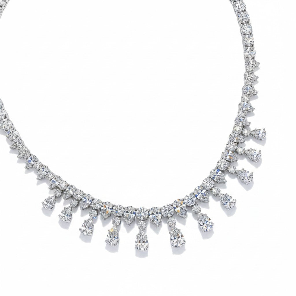 My Store 4 Vivienne diamond tennis necklace with round brilliant stones and cascading pear-cut diamond fringe in white gold