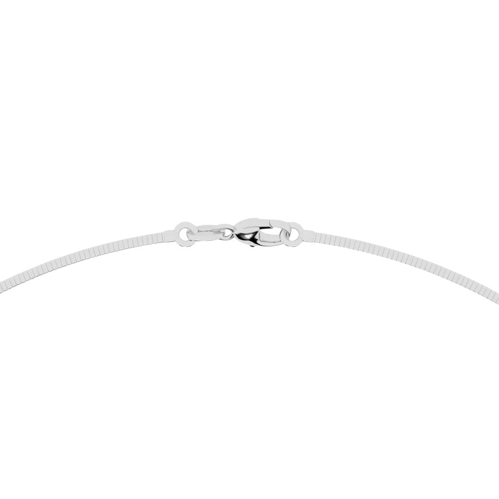 My Store 4 white gold omega chain necklace showing the secure lobster clasp closure on a smooth metallic band.