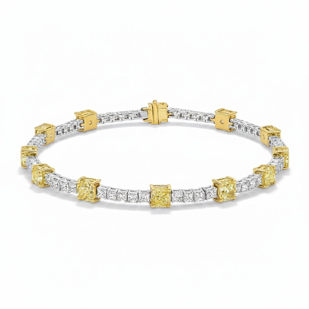 My Store 4 two-tone tennis bracelet featuring fancy yellow cushion-cut diamonds and white princess-cut diamond links.