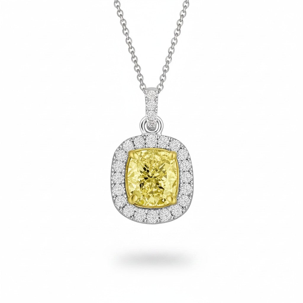 My Store 4 fancy yellow cushion-cut diamond pendant necklace with a white diamond halo in 18K white gold
