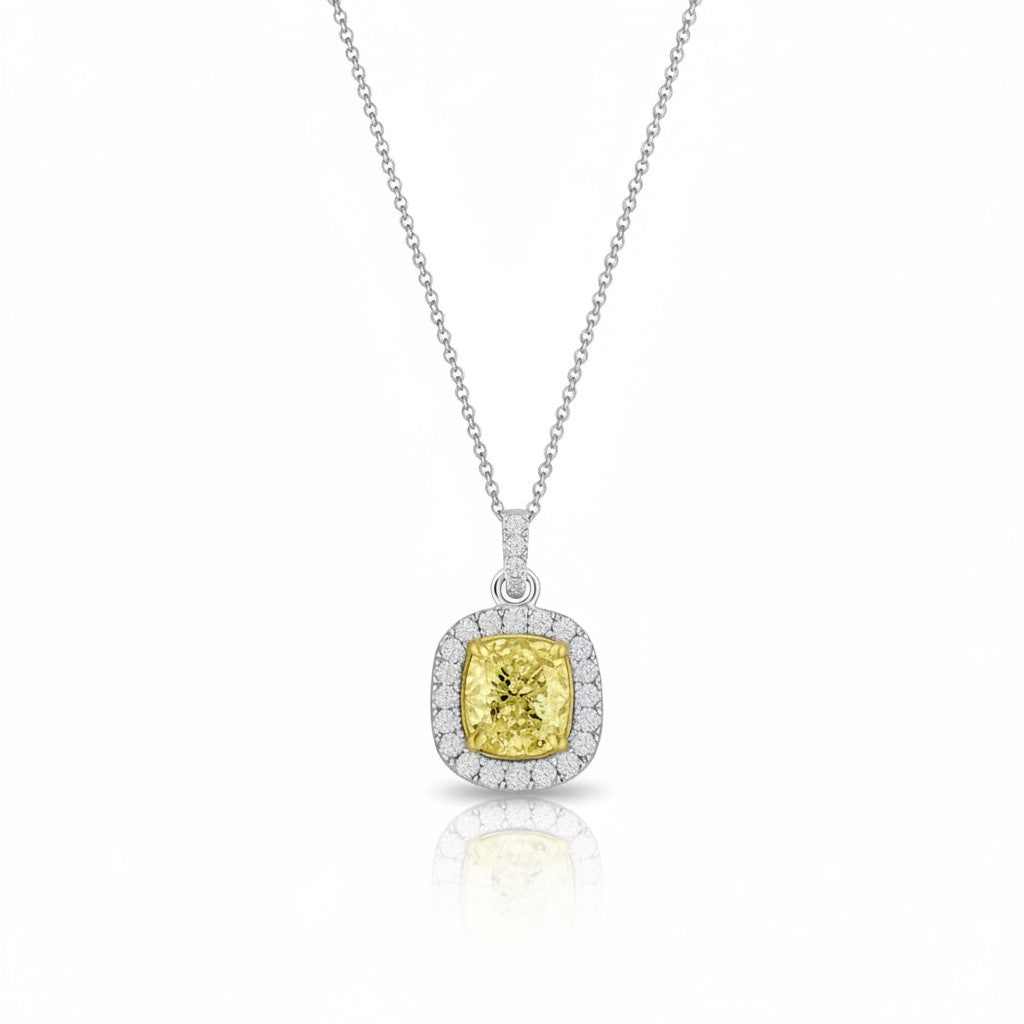 My Store 4 fancy yellow cushion-cut diamond pendant necklace with a white diamond halo on a gold chain