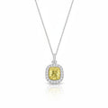 My Store 4 fancy yellow cushion-cut diamond pendant necklace with a white diamond halo on a gold chain