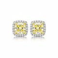 My Store 4 18K solid gold stud earrings featuring 2.4 carat yellow cushion lab-grown diamonds in a halo setting.