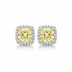 My Store 4 18K solid gold stud earrings featuring 2.4 carat yellow cushion lab-grown diamonds in a halo setting.