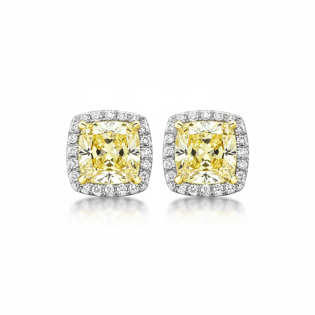 My Store 4 18K solid gold stud earrings featuring 2.4 carat yellow cushion lab-grown diamonds in a halo setting.