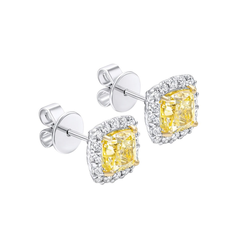 My Store 4 18K solid gold stud earrings featuring 2.4 carat yellow cushion lab-grown diamonds in a sparkling halo setting