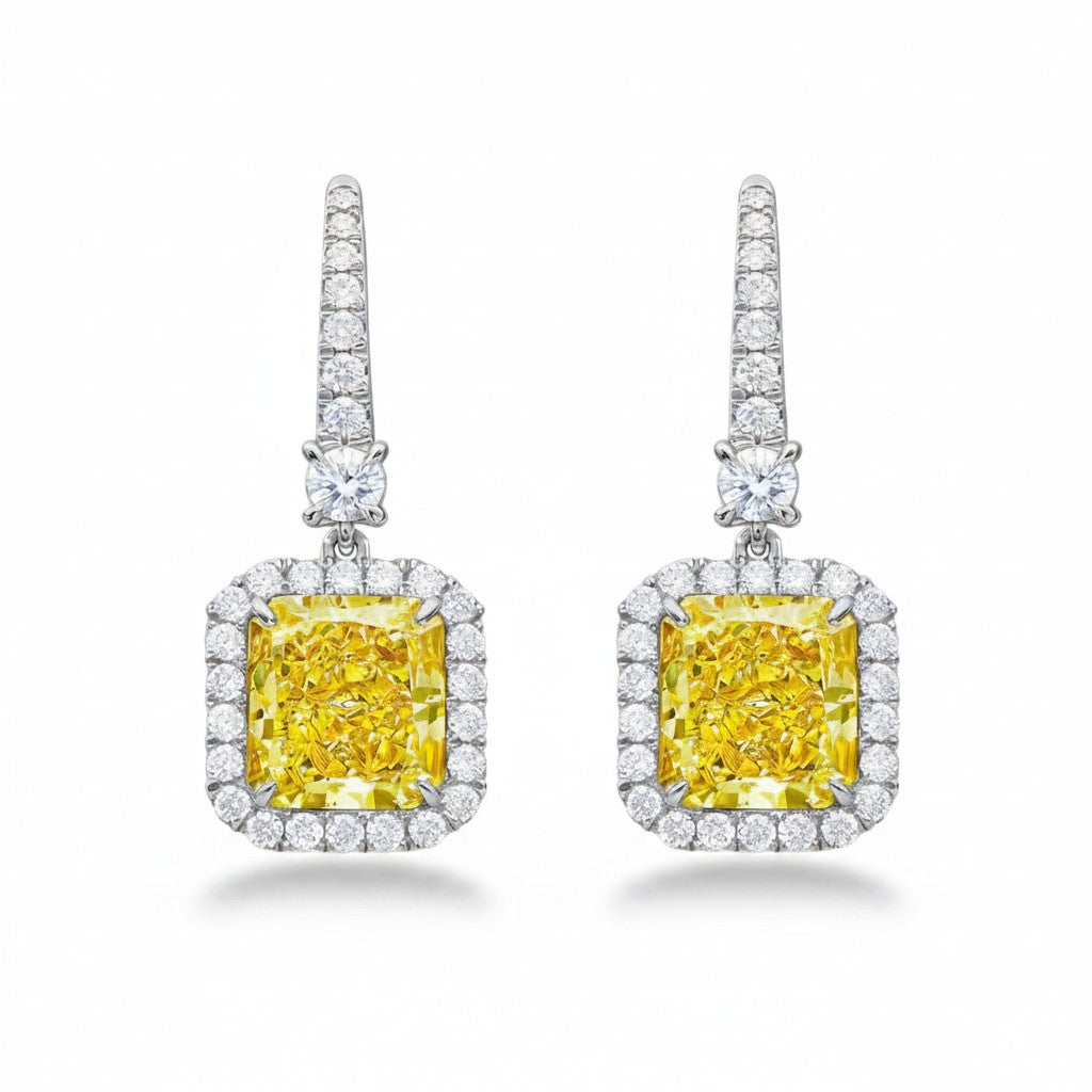 My Store 4 18K gold drop earrings featuring radiant-cut yellow lab-grown diamonds with sparkling white diamond halos.