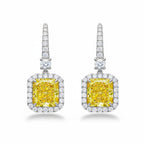 My Store 4 18K gold drop earrings featuring radiant-cut yellow lab-grown diamonds with sparkling white diamond halos.