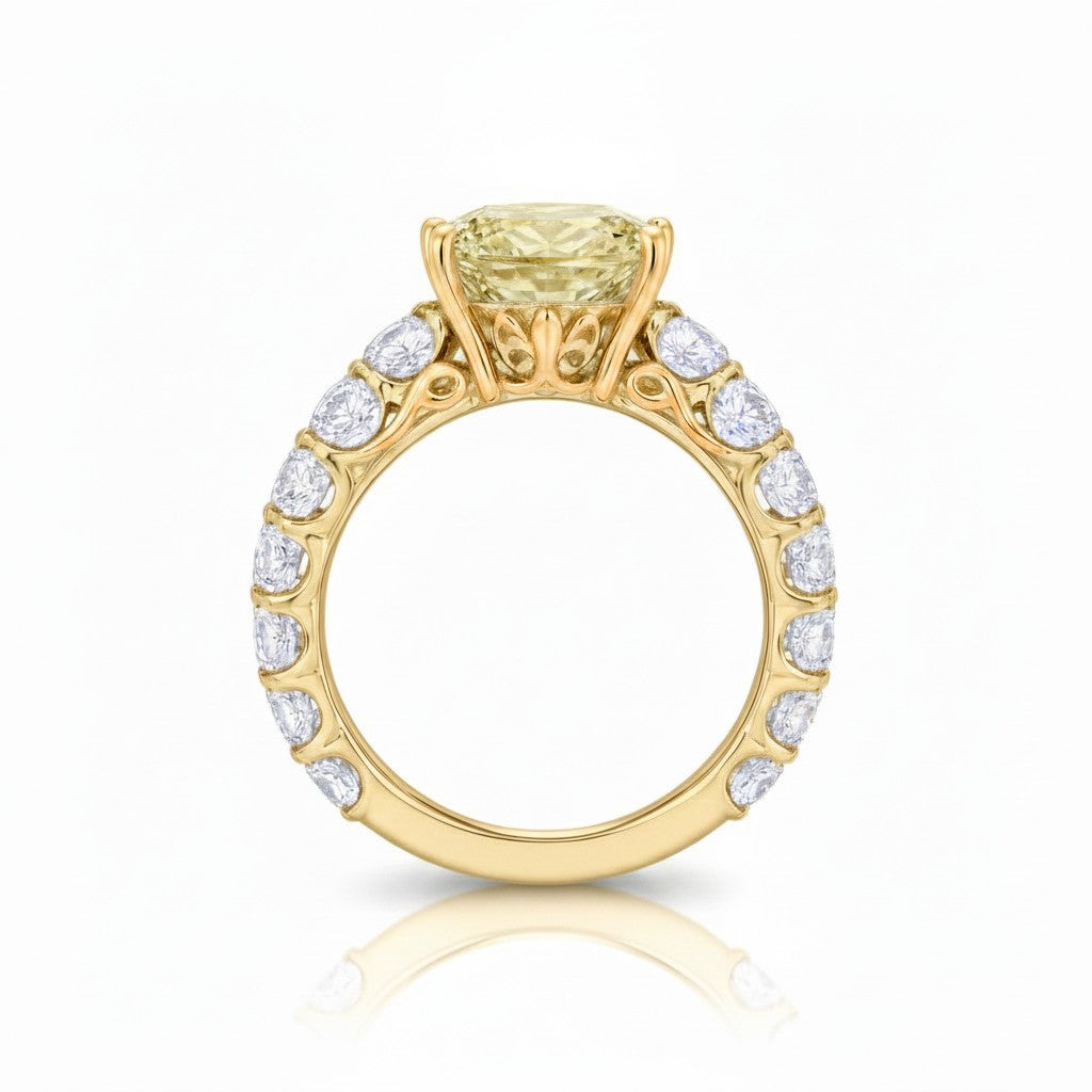 My Store 4 18K solid gold engagement ring featuring a radiant-cut fancy yellow lab-grown diamond with side stones.