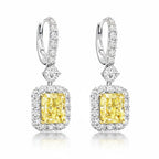 My Store 4 18K gold drop earrings featuring radiant-cut yellow lab-grown diamonds in a shimmering halo setting.