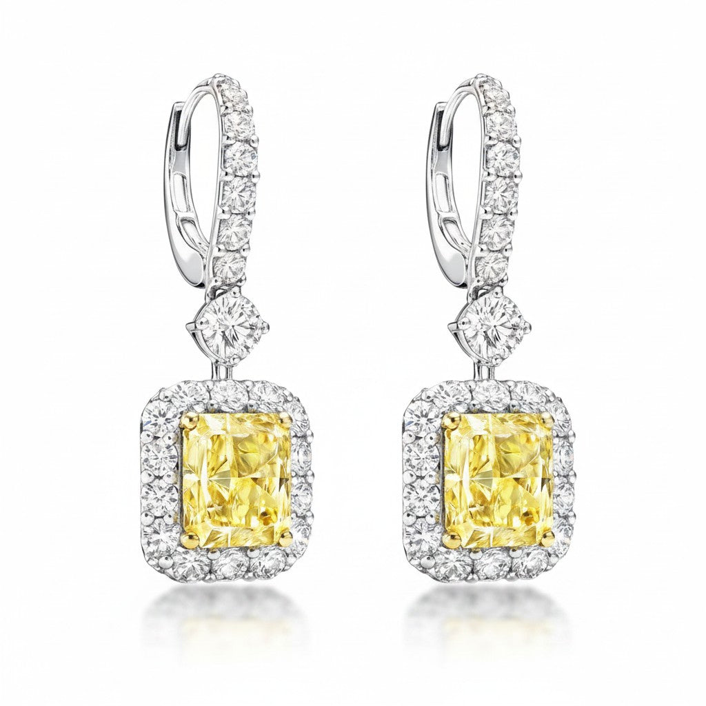 My Store 4 18K gold drop earrings featuring radiant-cut yellow lab-grown diamonds in a shimmering halo setting.