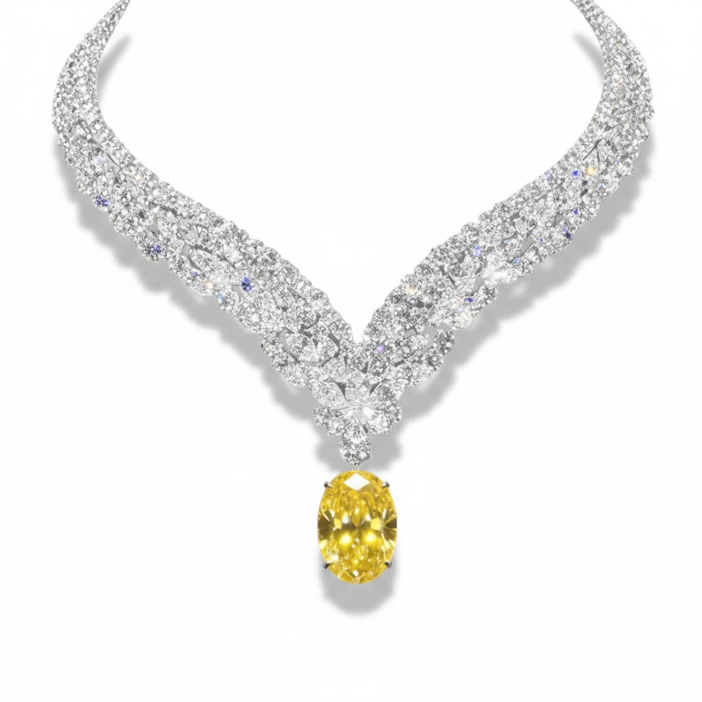 My Store 4 high jewellery necklace featuring a large fancy yellow oval diamond drop with white diamond V-shaped collar.