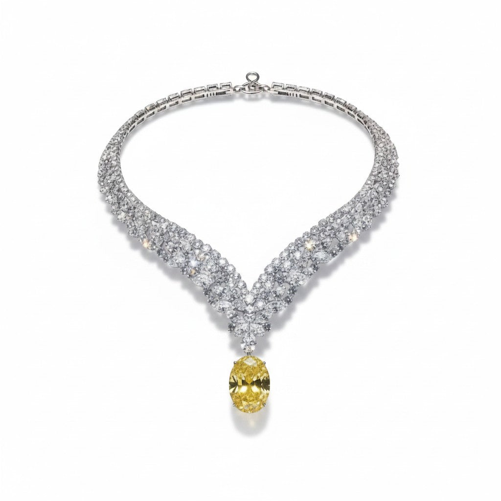 My Store 4 high jewellery V-collar necklace with white diamonds and a central fancy yellow oval cut diamond drop.