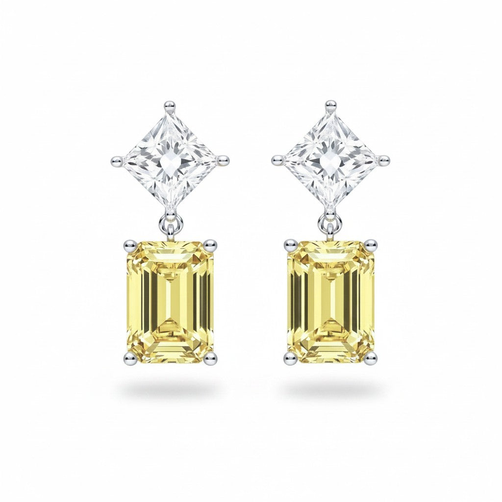 My Store 4 18K solid gold drop earrings featuring emerald-cut yellow diamonds and princess-cut white diamonds.