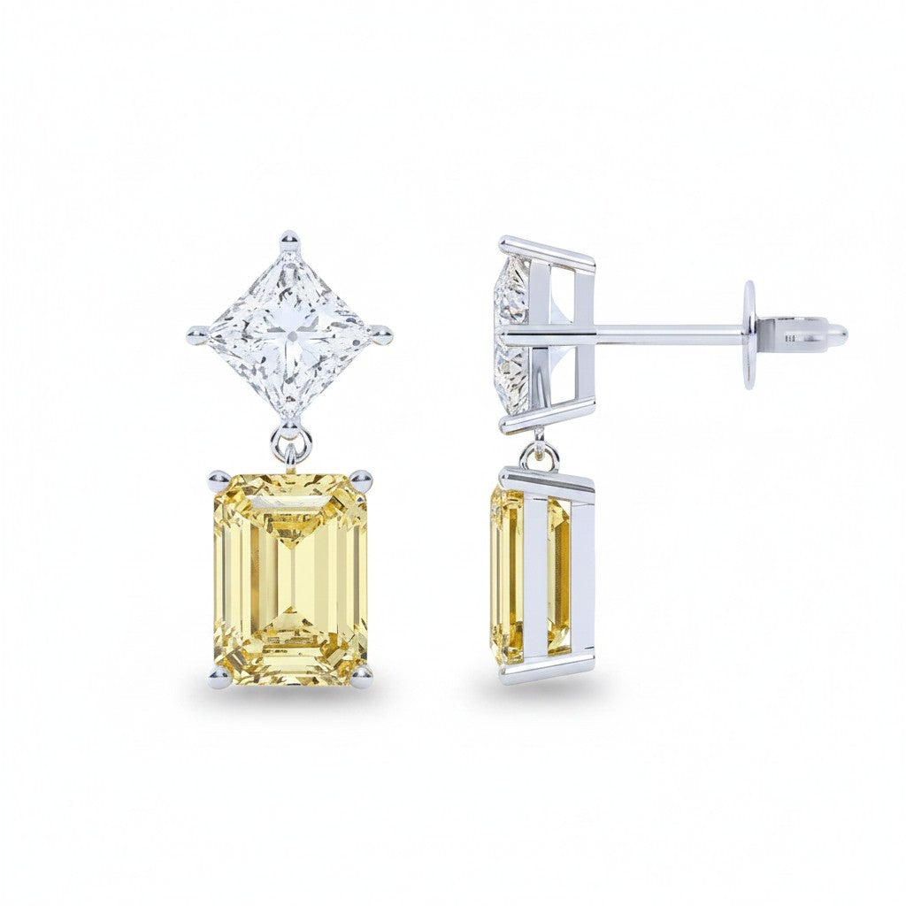 My Store 4 18K solid gold drop earrings featuring a princess-cut diamond stud and a 10-carat yellow emerald-cut diamond.