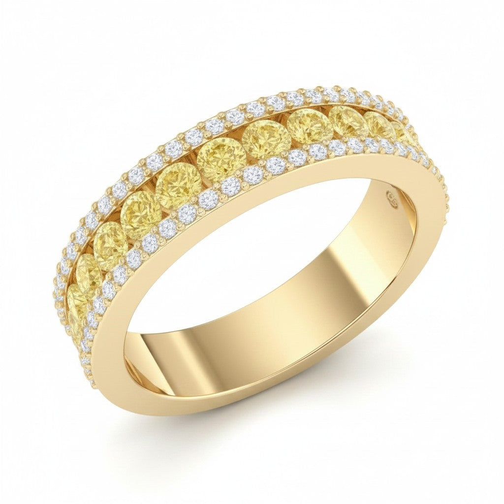 My Store 4 18K solid yellow gold half-eternity band featuring fancy yellow round lab-grown diamonds and white accents.
