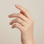 My Store 4 18K solid yellow gold half-eternity band featuring brilliant fancy yellow lab-grown diamonds on a hand.