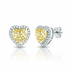 My Store 4 heart-cut fancy yellow diamond stud earrings with a white diamond halo set in polished white gold.