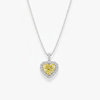 My Store 4 fancy yellow heart-cut diamond pendant necklace with a white diamond halo on a gold cable chain.