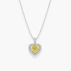 My Store 4 fancy yellow heart-cut diamond pendant necklace with a white diamond halo on a gold cable chain.