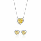 My Store 4 yellow heart-cut diamond halo necklace and matching stud earrings set in white gold with white diamond accents.