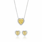 My Store 4 heart-cut yellow diamond halo necklace and matching stud earrings set in white gold.