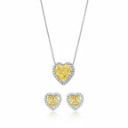 My Store 4 heart-cut yellow diamond halo necklace and matching stud earrings set in white gold.