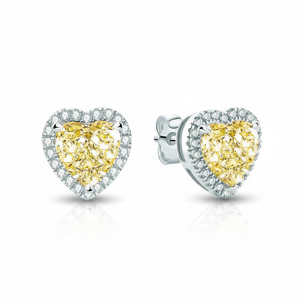 My Store 4 18K solid gold stud earrings featuring 4 carat yellow heart-shaped lab-grown diamonds with a halo setting.