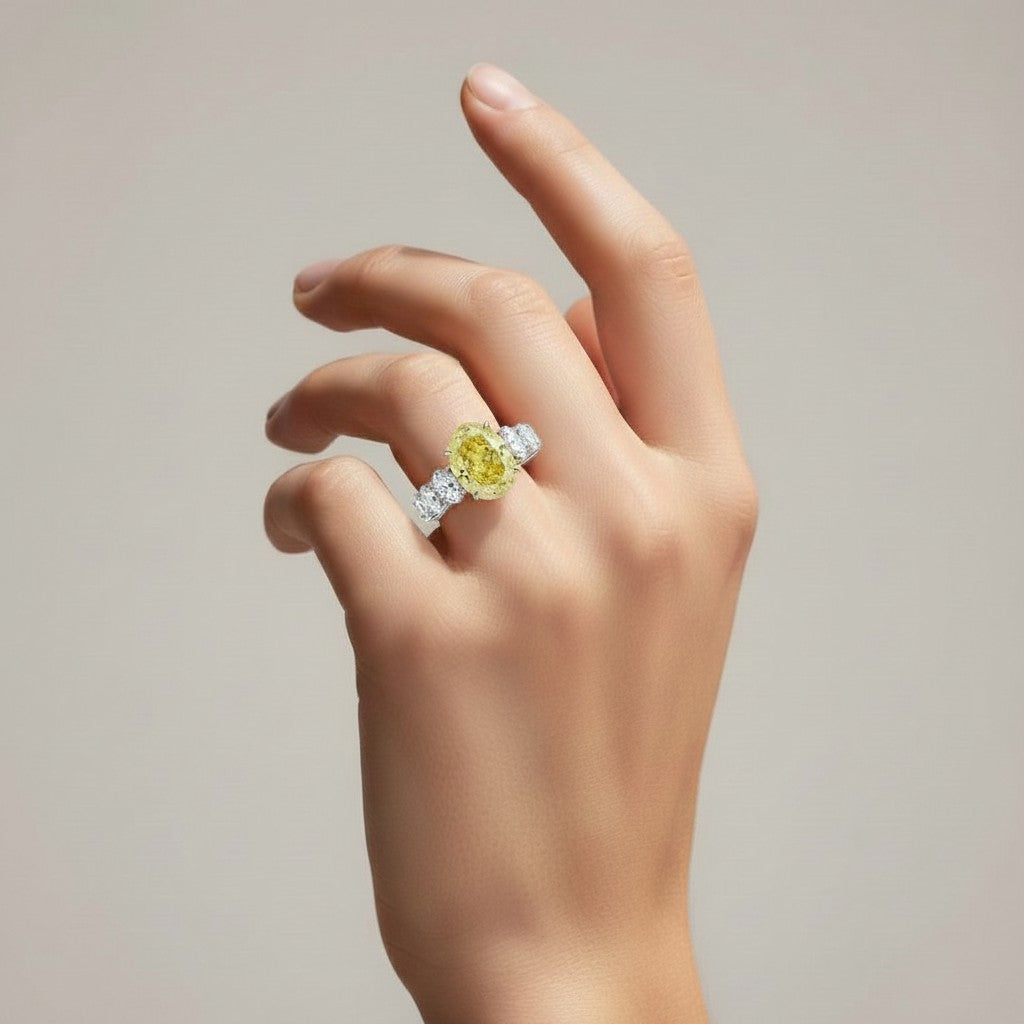 My Store 4 18K solid gold ring featuring a fancy yellow oval lab-grown diamond on a hand