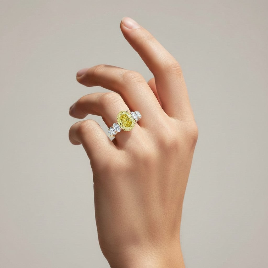 My Store 4 18K solid gold ring featuring a fancy yellow oval lab-grown diamond on a woman's finger