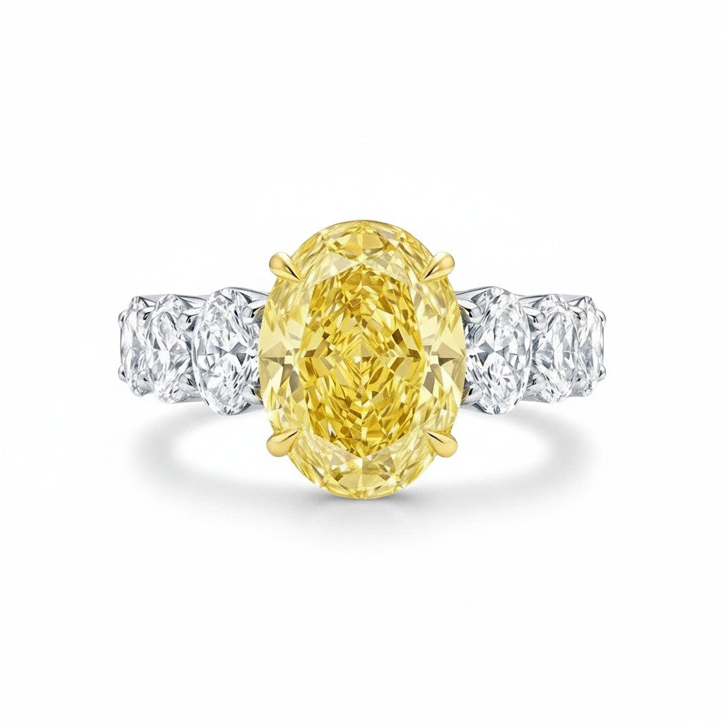 My Store 4 18K gold ring featuring a 5ct oval-cut fancy yellow lab-grown diamond with side accent stones