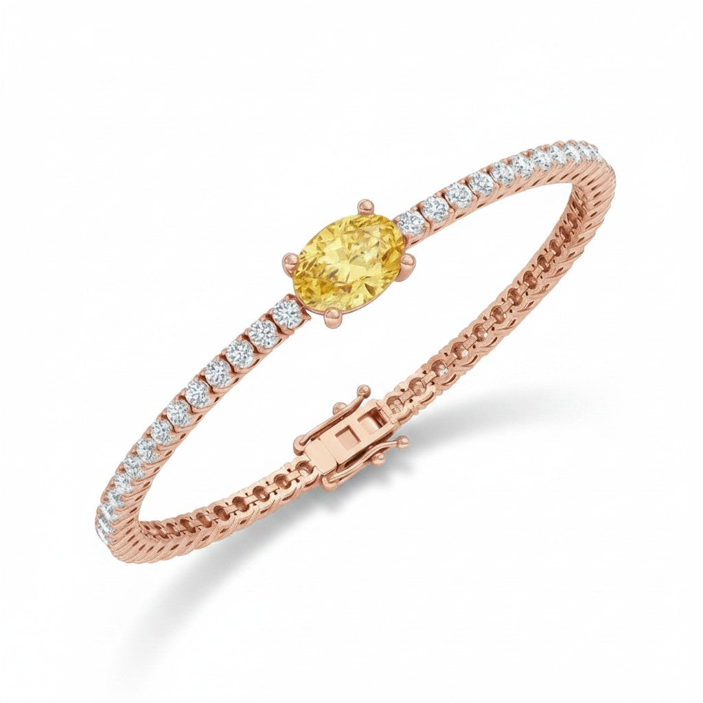 My Store 4 tennis bracelet featuring a central oval-cut fancy yellow diamond and round white diamonds in rose gold