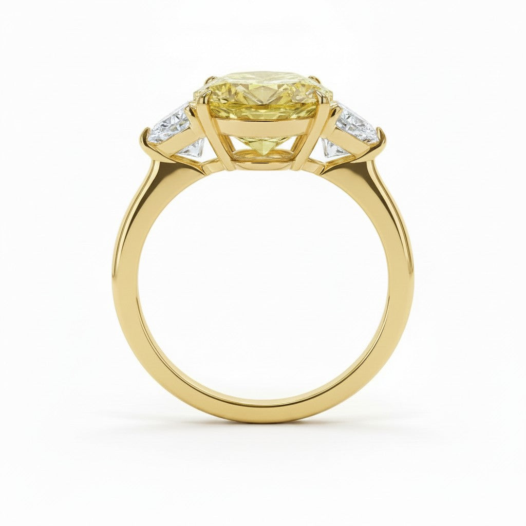 My Store 4 18K solid gold trilogy ring featuring a fancy yellow oval lab-grown diamond with side stones