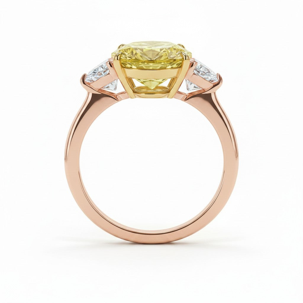 My Store 4 18K solid gold trilogy ring featuring a fancy yellow oval lab-grown diamond and side stones