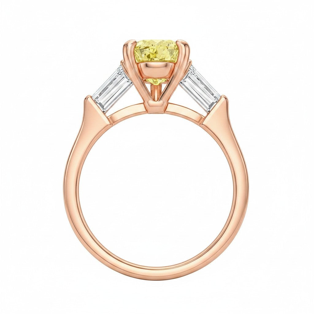 My Store 4 18K solid gold trilogy ring featuring a yellow pear-cut diamond and baguette side stones