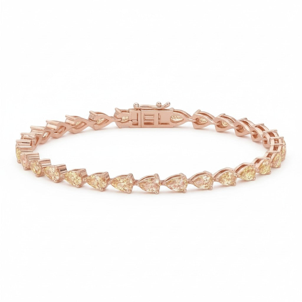 My Store 4 fancy yellow pear cut diamond tennis bracelet in rose gold with articulated links and secure box clasp.