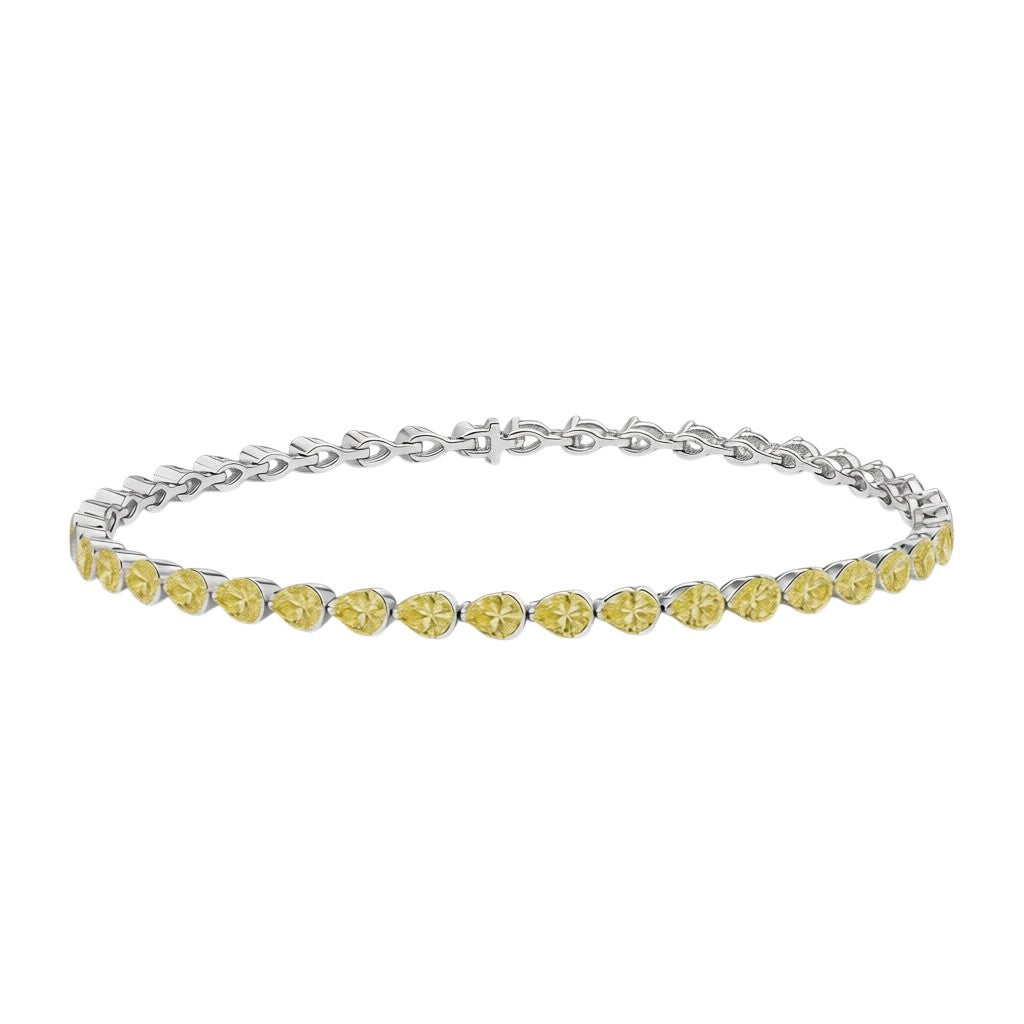 My Store 4 tennis bracelet featuring fancy yellow pear-cut diamonds in white gold half-bezel settings.