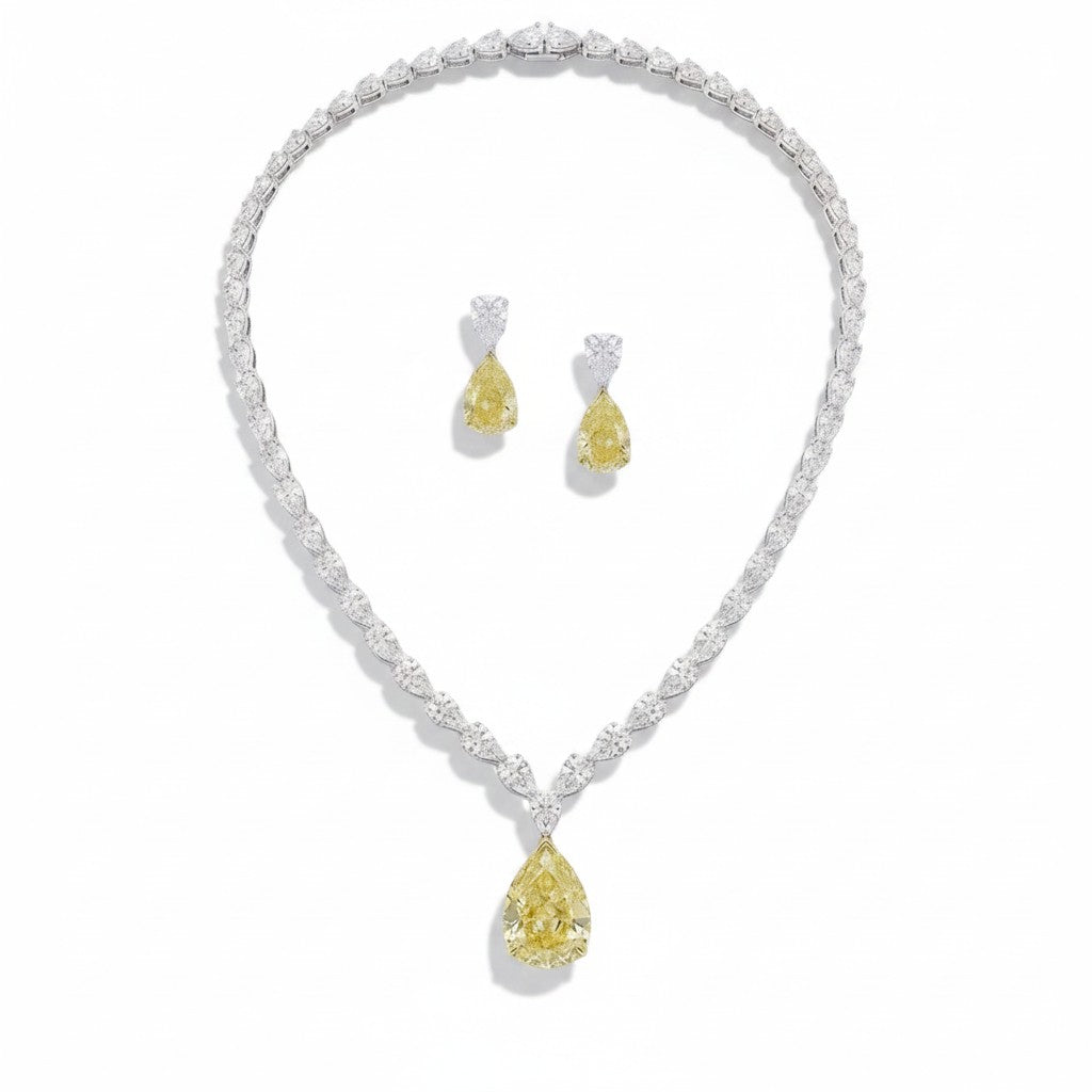 My Store 4 bridal necklace and earring set featuring white pear-cut diamonds and fancy yellow pear-shaped diamond drops.