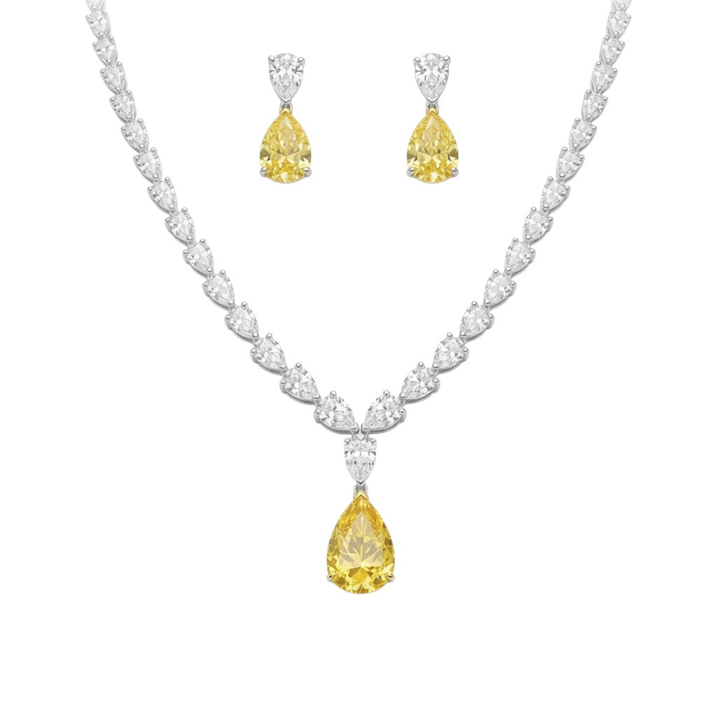 My Store 4 bridal jewelry set featuring a white pear-cut diamond necklace with a fancy yellow pear-shaped drop pendant.