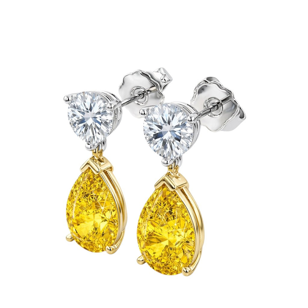 My Store 4 18K gold drop earrings featuring yellow pear-cut and round lab-grown diamonds with push-back closures.