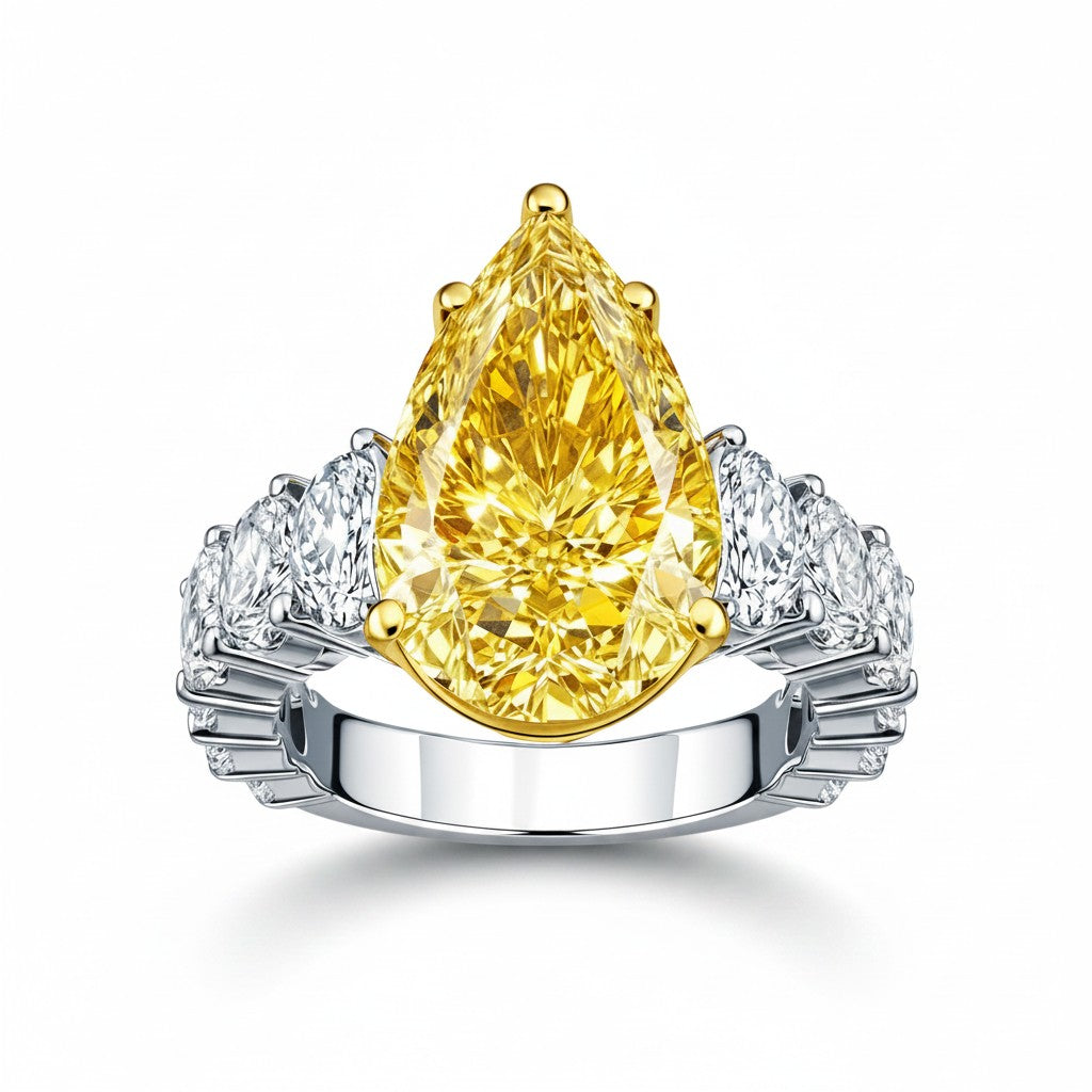 My Store 4 18K solid gold engagement ring featuring a fancy yellow pear-cut lab diamond with side accent stones