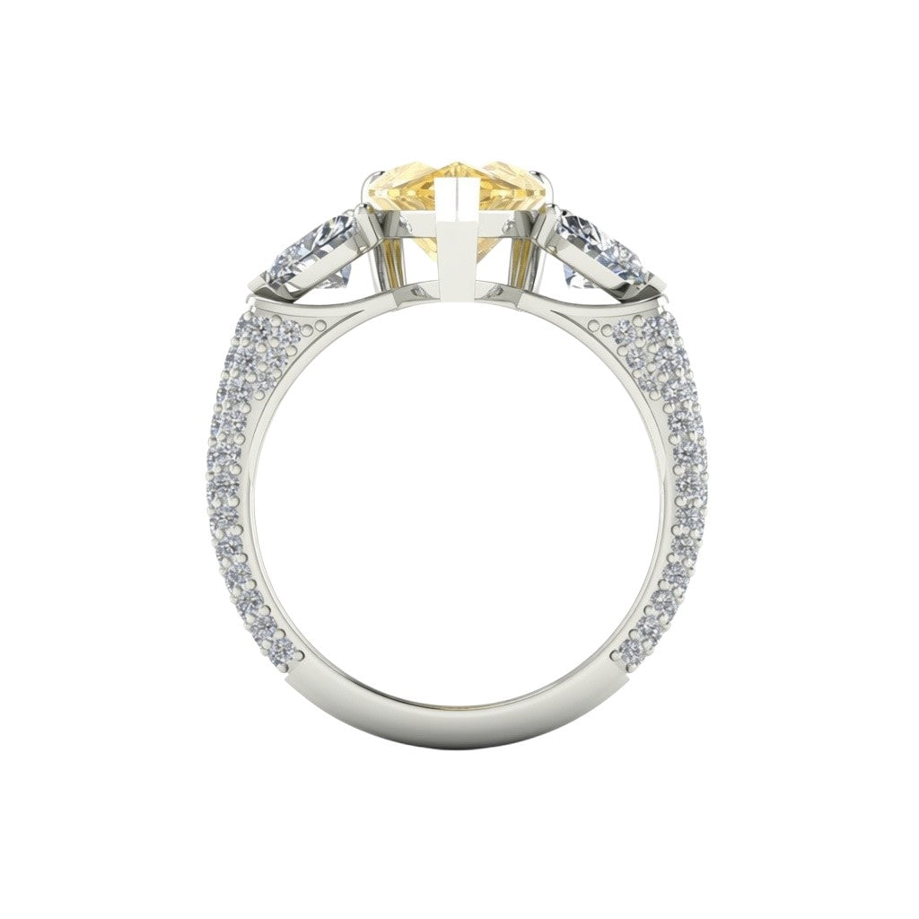 My Store 4 18K gold trilogy ring featuring a fancy yellow pear-cut lab diamond with pavé side stones