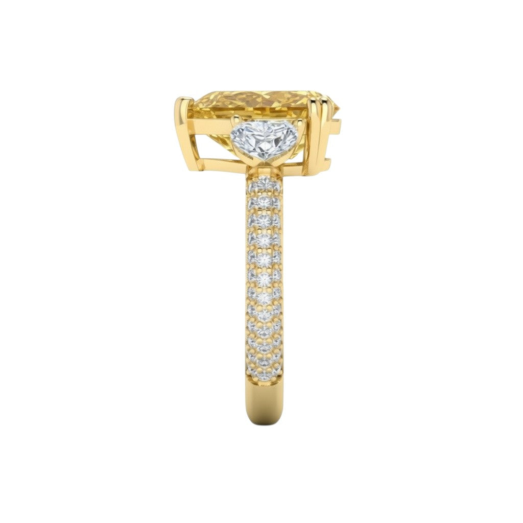 My Store 4 18K solid gold trilogy ring with a fancy yellow pear-cut lab diamond and diamond-encrusted band side view