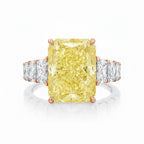 My Store 4 radiant cut fancy yellow lab diamond ring with side stones set in 18K solid gold on a white background