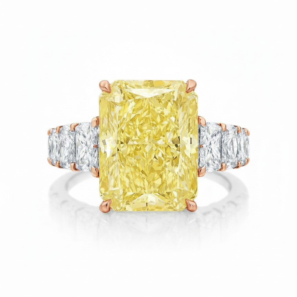 My Store 4 radiant cut fancy yellow lab diamond ring with side stones set in 18K solid gold on a white background