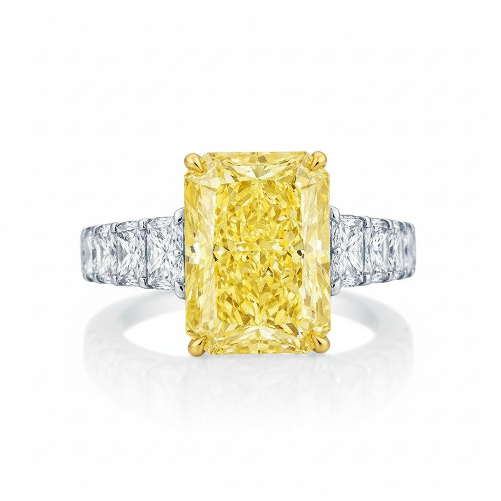 My Store 4 18K gold ring featuring a radiant-cut fancy yellow lab-grown diamond with side stones on a white background